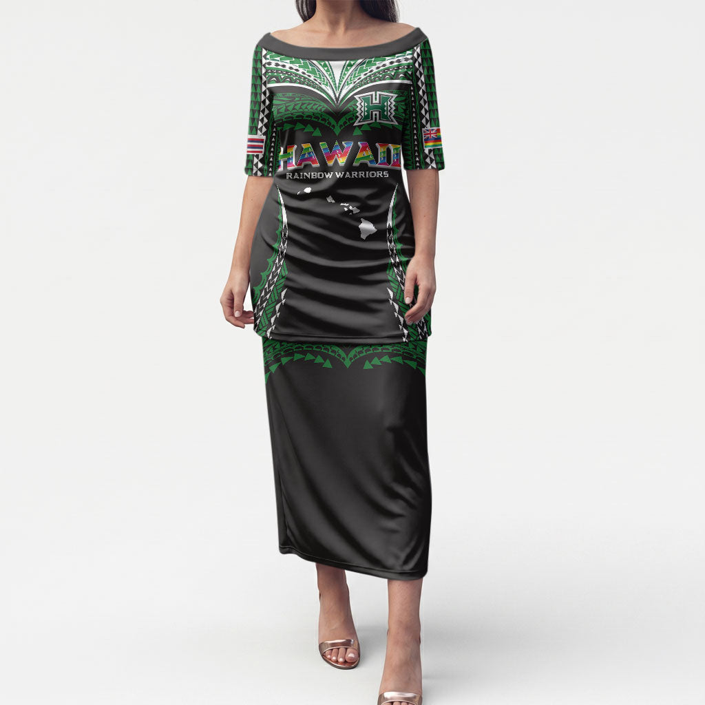 Custom Hawaii Rainbow Warriors Puletasi Polynesian Motif Black Color LT03 Long Dress Black - Polynesian Pride