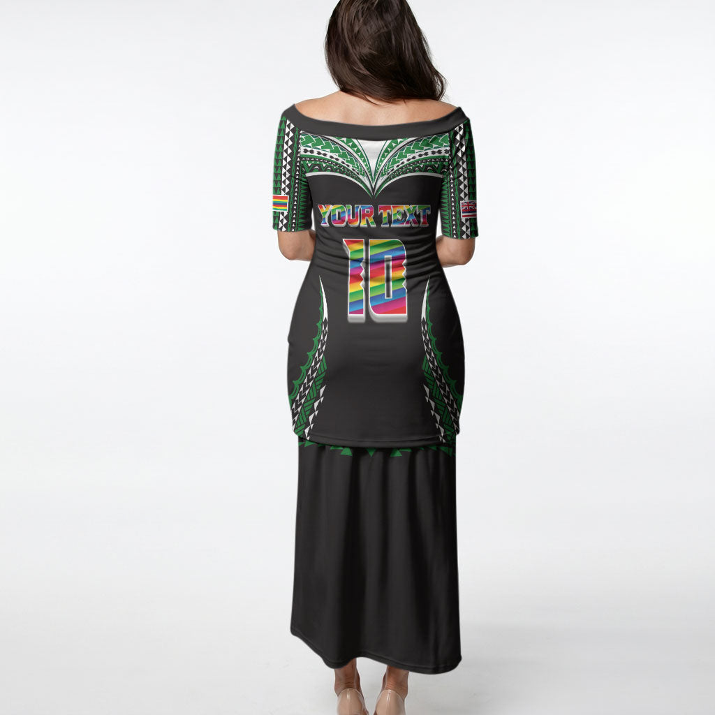 Custom Hawaii Rainbow Warriors Puletasi Polynesian Motif Black Color