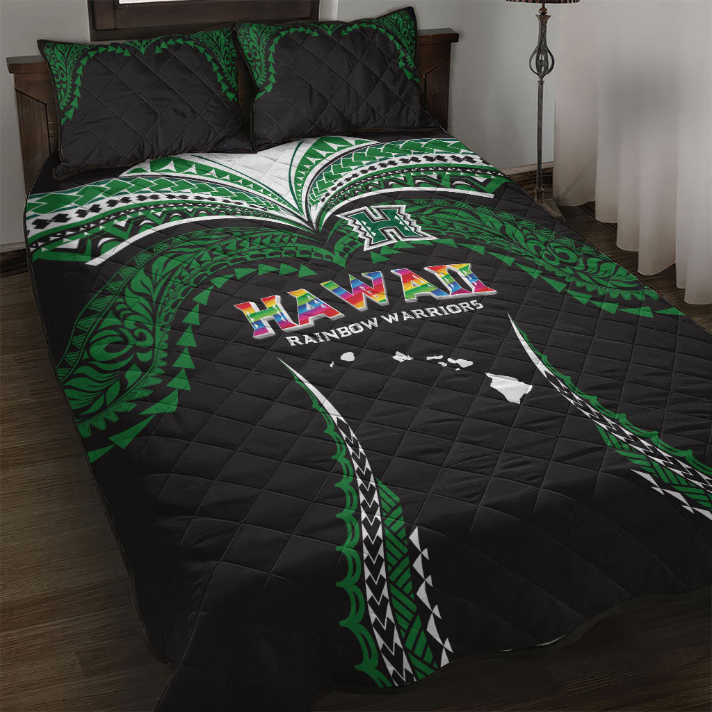 Hawaii Rainbow Warriors Quilt Bed Set Polynesian Motif Black Color