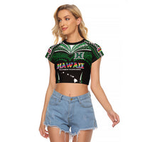 Custom Hawaii Rainbow Warriors Raglan Cropped T Shirt Polynesian Motif Black Color