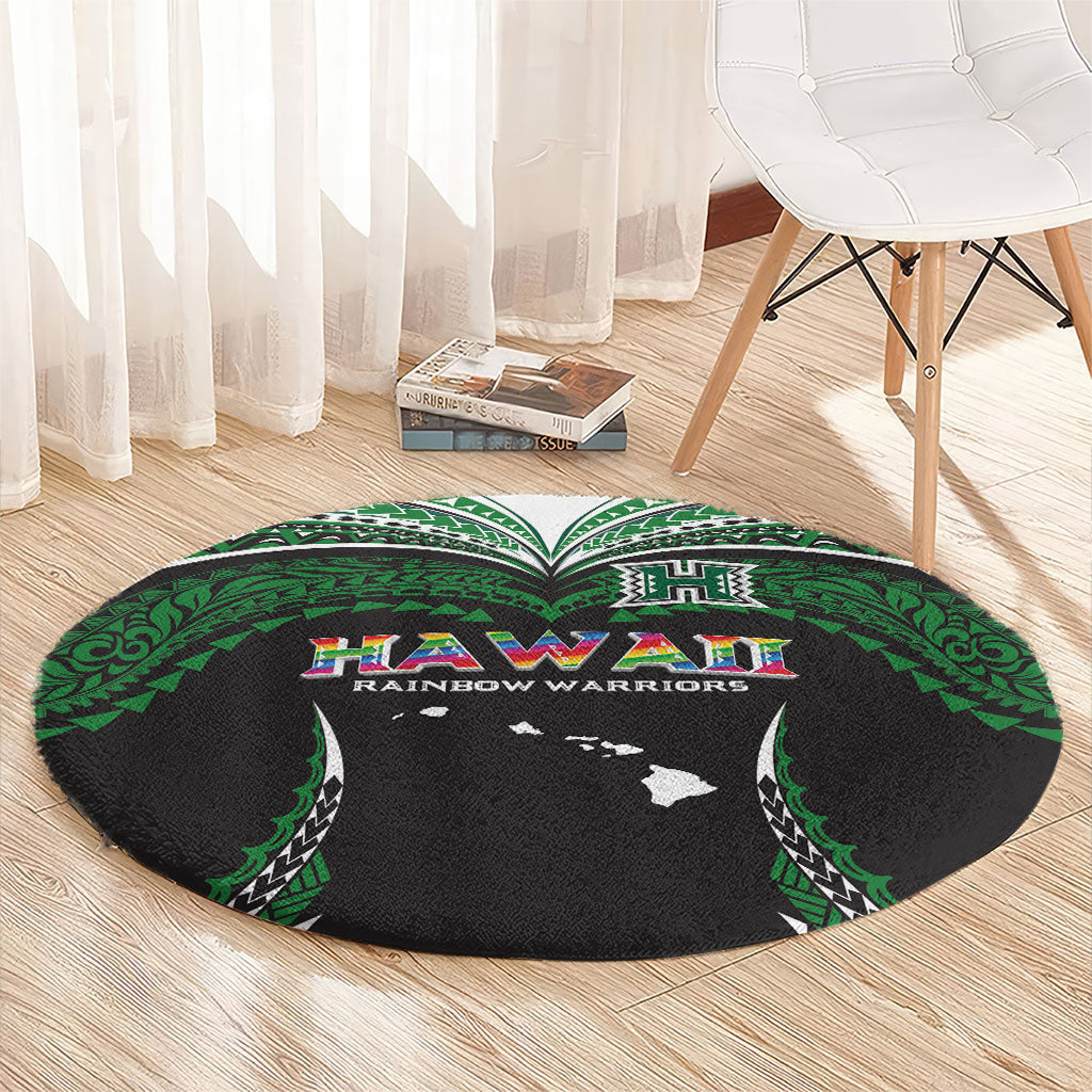 Hawaii Rainbow Warriors Round Carpet Polynesian Motif Black Color