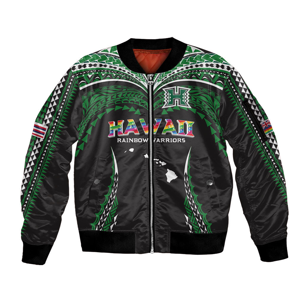Custom Hawaii Rainbow Warriors Sleeve Zip Bomber Jacket Polynesian Motif Black Color