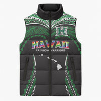 Custom Hawaii Rainbow Warriors Sleeveless Puffer Jacket Polynesian Motif Black Color