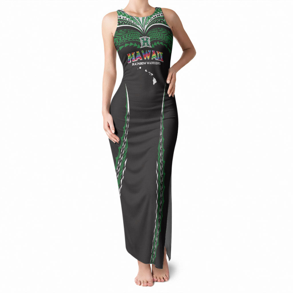 Custom Hawaii Rainbow Warriors Tank Maxi Dress Polynesian Motif Black Color