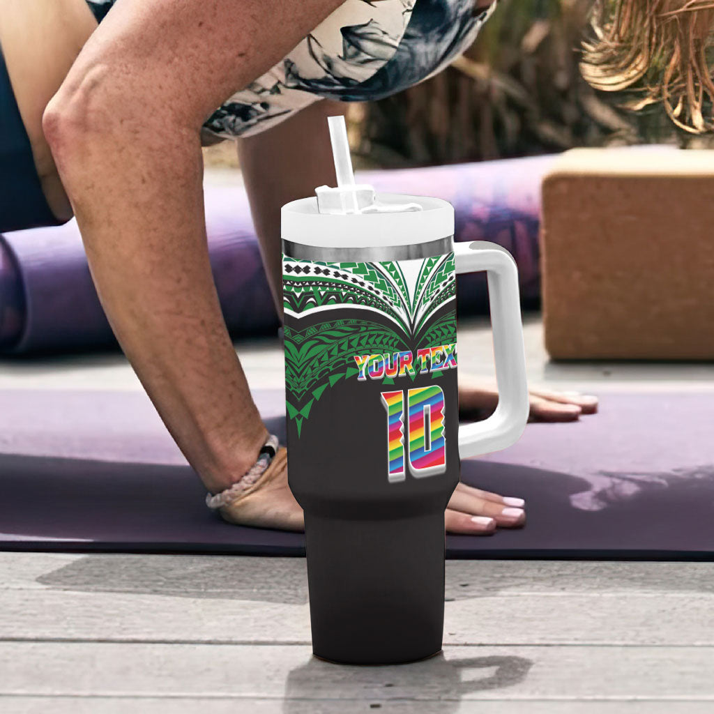 Custom Hawaii Rainbow Warriors Tumbler With Handle Polynesian Motif Black Color