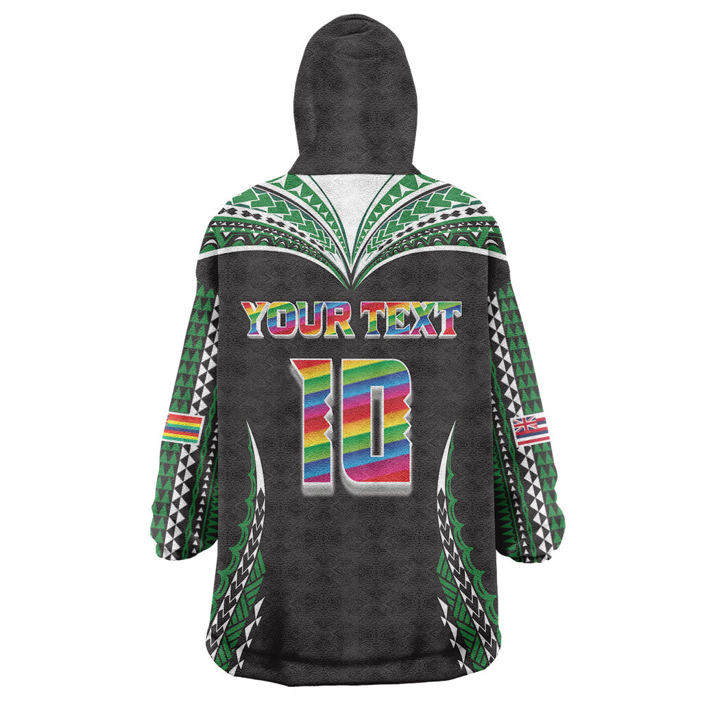 Custom Hawaii Rainbow Warriors Wearable Blanket Hoodie Polynesian Motif Black Color
