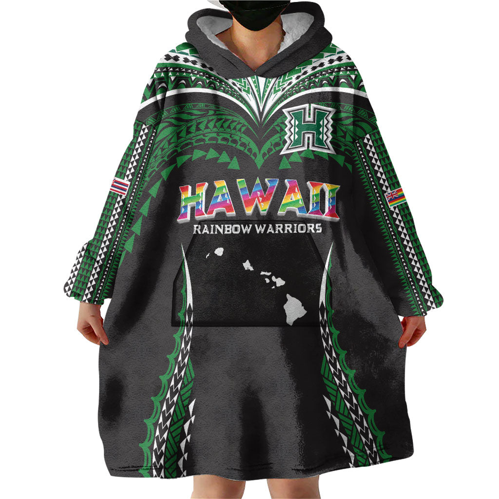 Custom Hawaii Rainbow Warriors Wearable Blanket Hoodie Polynesian Motif Black Color