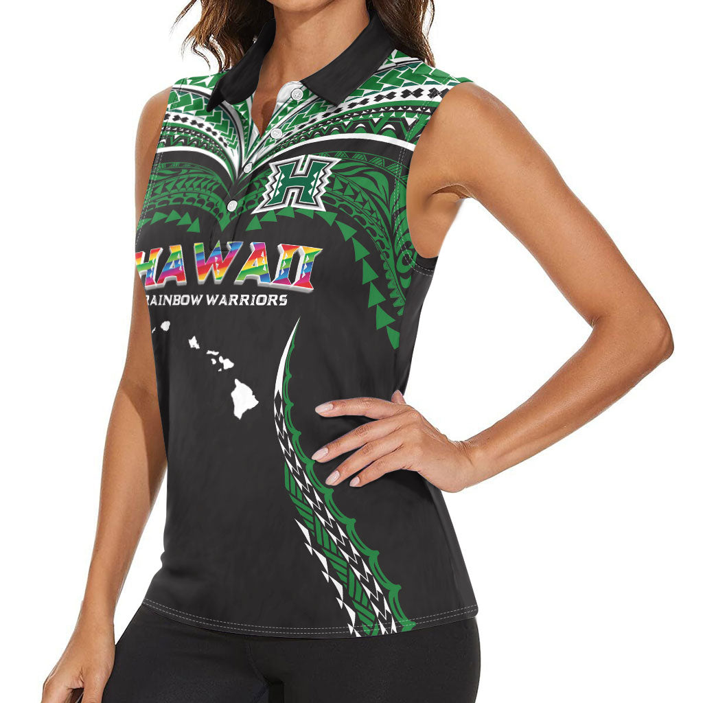 Custom Hawaii Rainbow Warriors Women Sleeveless Polo Shirt Polynesian Motif Black Color