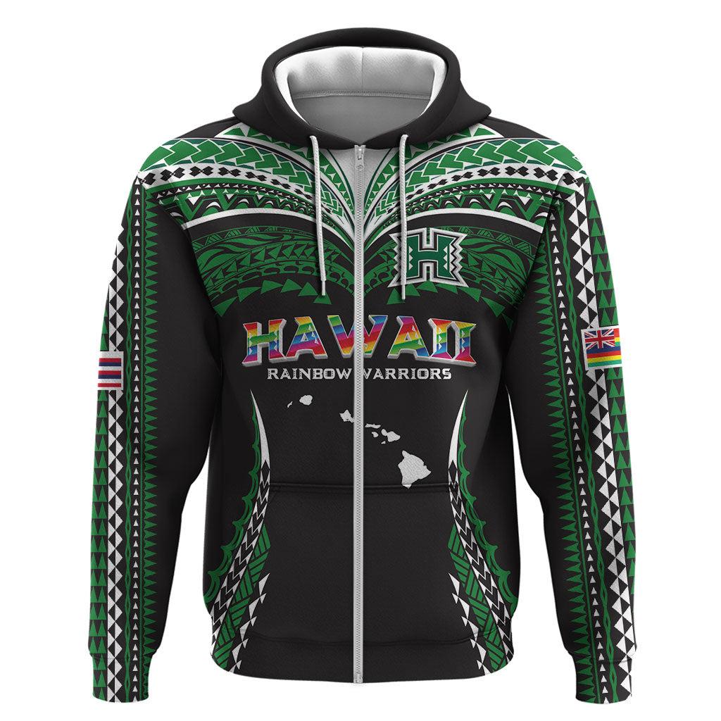 Custom Hawaii Rainbow Warriors Zip Hoodie Polynesian Motif Black Color