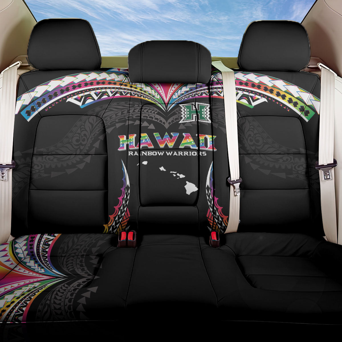 Hawaii Rainbow Warriors Back Car Seat Cover Polynesian Motif Special Edition Rainbow Gradient