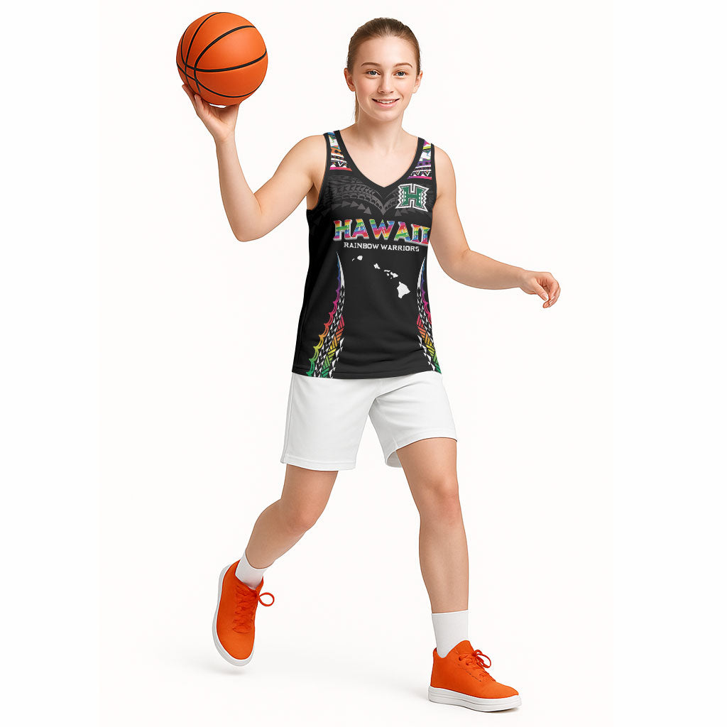 Custom Hawaii Rainbow Warriors Basketball Jersey Polynesian Motif Special Edition Rainbow Gradient
