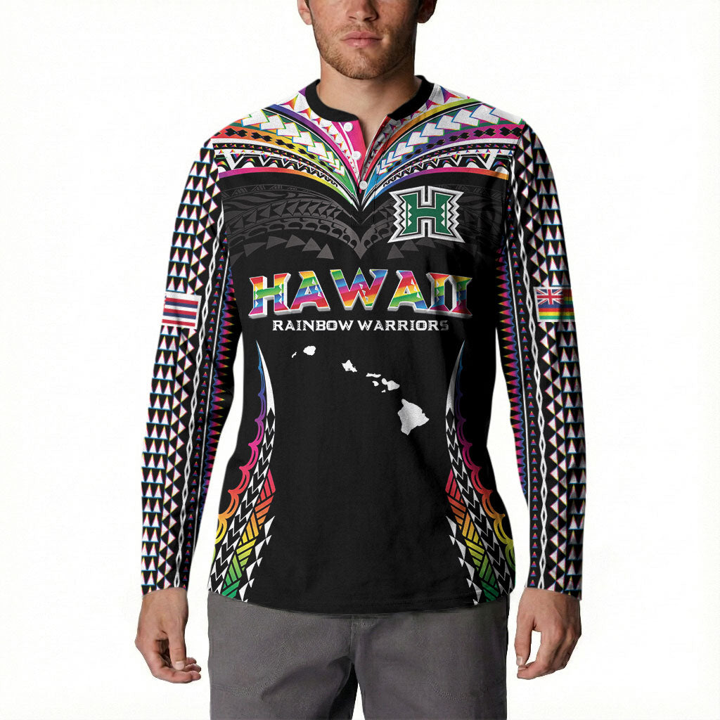 Custom Hawaii Rainbow Warriors Button Sweatshirt Polynesian Motif Special Edition Rainbow Gradient