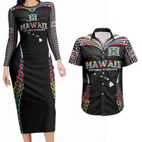 Custom Hawaii Rainbow Warriors Couples Matching Long Sleeve Bodycon Dress and Hawaiian Shirt Polynesian Motif Special Edition Rainbow Gradient