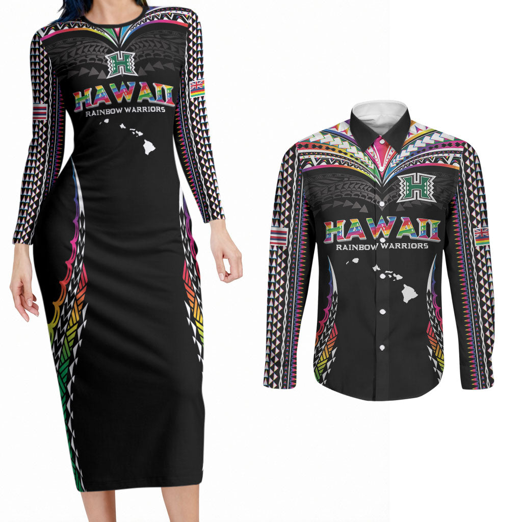 Custom Hawaii Rainbow Warriors Couples Matching Long Sleeve Bodycon Dress and Long Sleeve Button Shirt Polynesian Motif Special Edition Rainbow Gradient