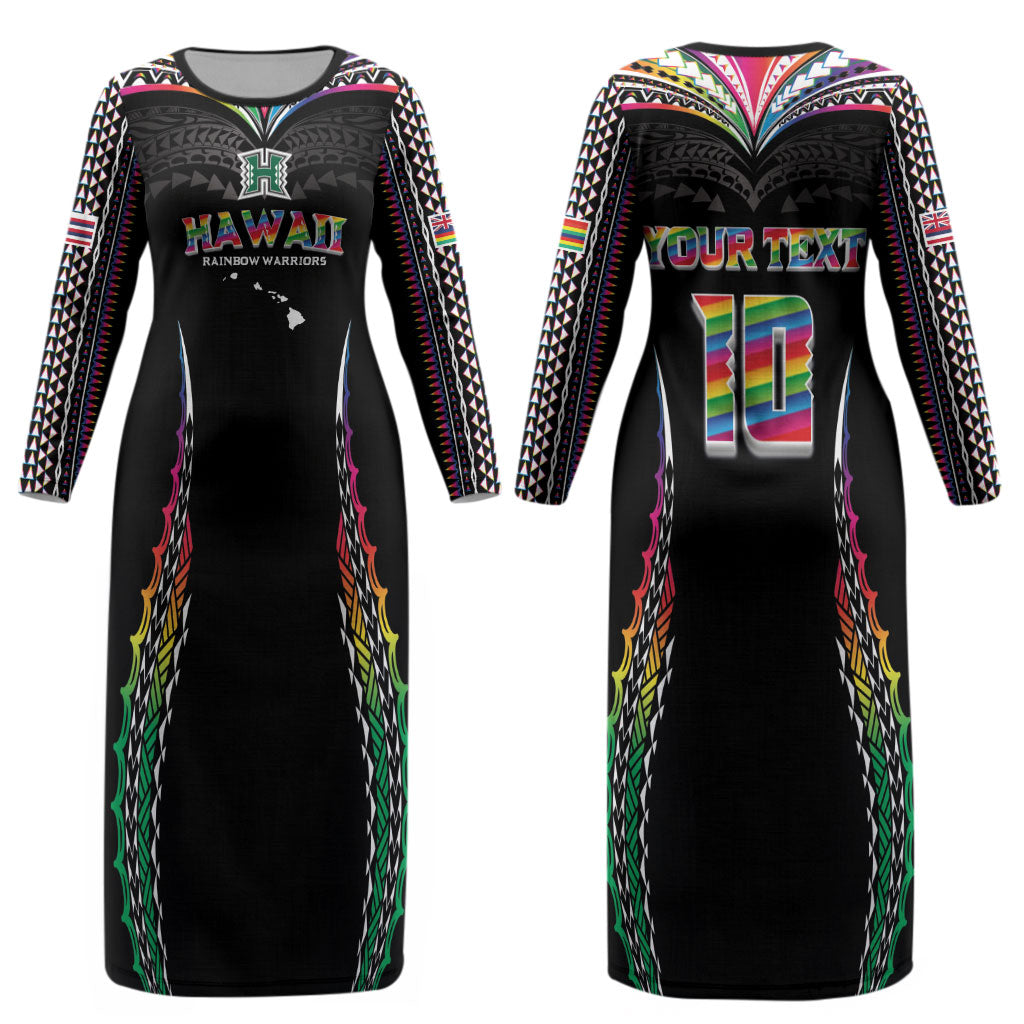 Custom Hawaii Rainbow Warriors Couples Matching Long Sleeve Bodycon Dress and Long Sleeve Button Shirt Polynesian Motif Special Edition Rainbow Gradient