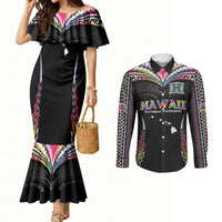 Custom Hawaii Rainbow Warriors Couples Matching Mermaid Dress and Long Sleeve Button Shirt Polynesian Motif Special Edition Rainbow Gradient