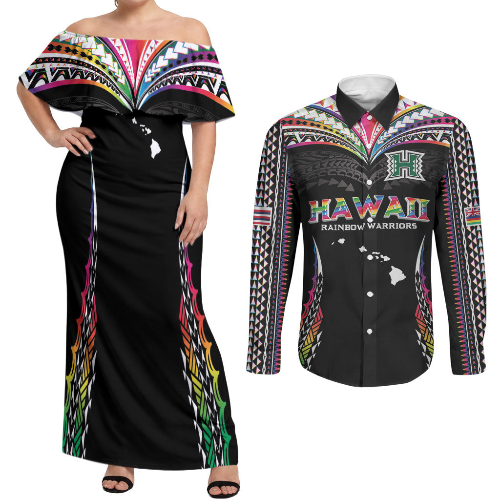 Custom Hawaii Rainbow Warriors Couples Matching Off Shoulder Maxi Dress and Long Sleeve Button Shirt Polynesian Motif Special Edition Rainbow Gradient