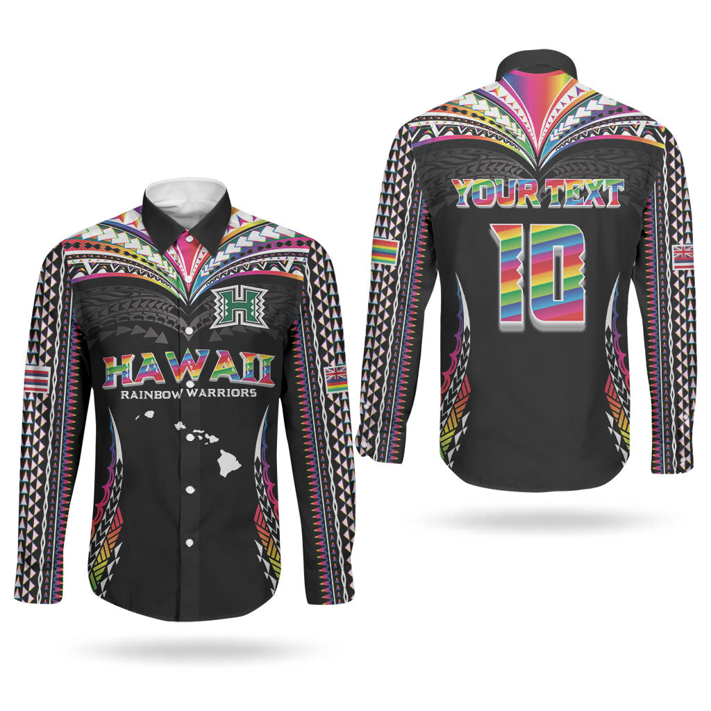 Custom Hawaii Rainbow Warriors Couples Matching Off The Shoulder Long Sleeve Dress and Long Sleeve Button Shirt Polynesian Motif Special Edition Rainbow Gradient