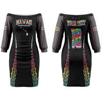 Custom Hawaii Rainbow Warriors Couples Matching Off The Shoulder Long Sleeve Dress and Long Sleeve Button Shirt Polynesian Motif Special Edition Rainbow Gradient