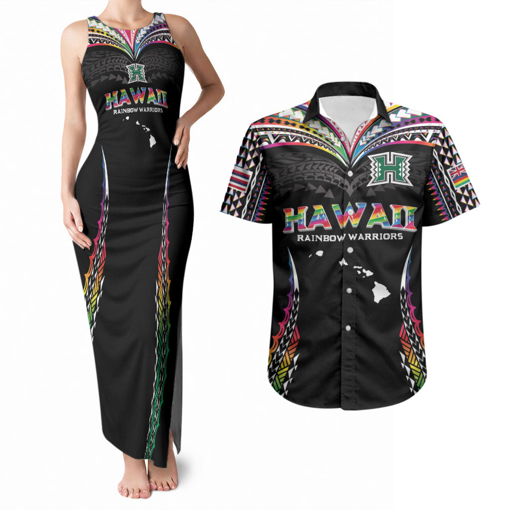 Custom Hawaii Rainbow Warriors Couples Matching Tank Maxi Dress and Hawaiian Shirt Polynesian Motif Special Edition Rainbow Gradient