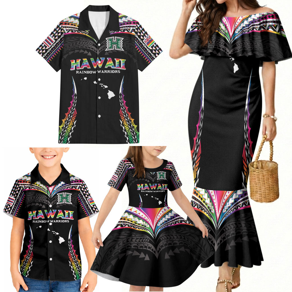 Custom Hawaii Rainbow Warriors Family Matching Mermaid Dress and Hawaiian Shirt Polynesian Motif Special Edition Rainbow Gradient