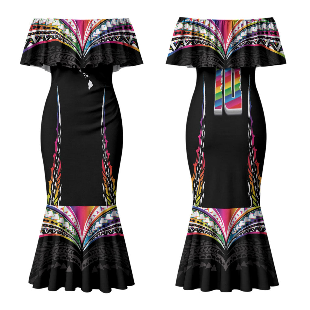 Custom Hawaii Rainbow Warriors Family Matching Mermaid Dress and Hawaiian Shirt Polynesian Motif Special Edition Rainbow Gradient