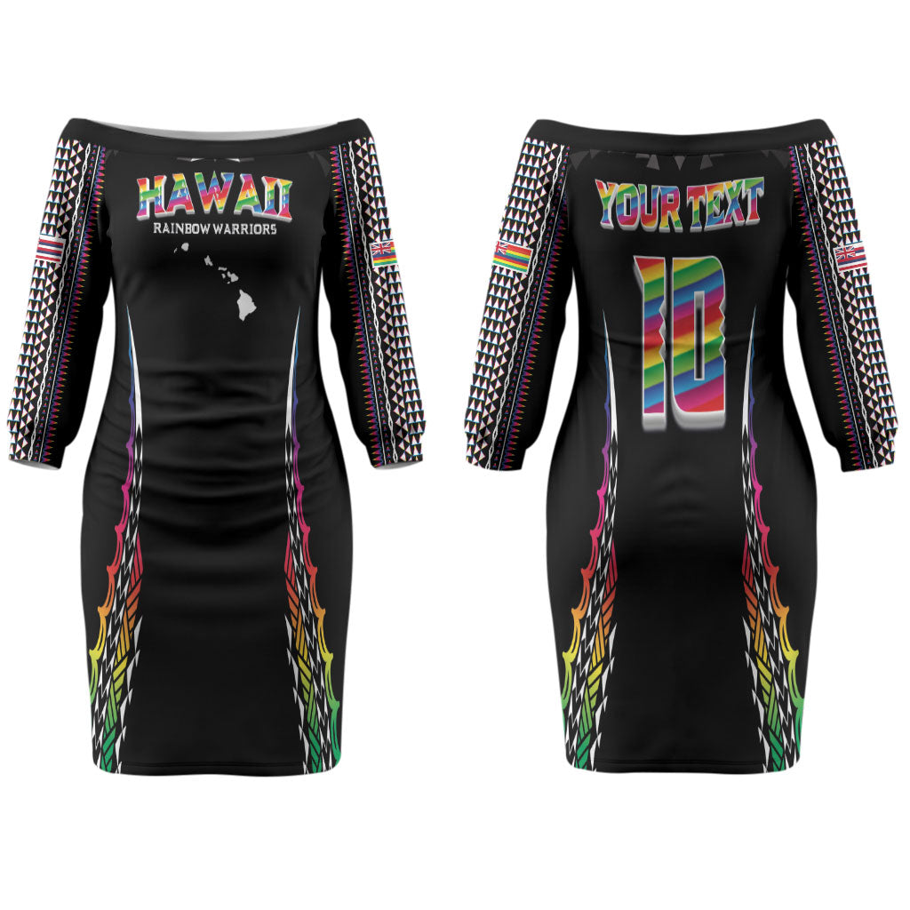 Custom Hawaii Rainbow Warriors Family Matching Off The Shoulder Long Sleeve Dress and Hawaiian Shirt Polynesian Motif Special Edition Rainbow Gradient