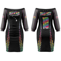 Custom Hawaii Rainbow Warriors Family Matching Off The Shoulder Long Sleeve Dress and Hawaiian Shirt Polynesian Motif Special Edition Rainbow Gradient