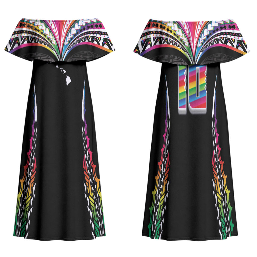 Custom Hawaii Rainbow Warriors Family Matching Off Shoulder Maxi Dress and Hawaiian Shirt Polynesian Motif Special Edition Rainbow Gradient