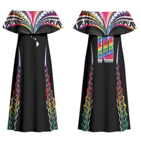Custom Hawaii Rainbow Warriors Family Matching Off Shoulder Maxi Dress and Hawaiian Shirt Polynesian Motif Special Edition Rainbow Gradient