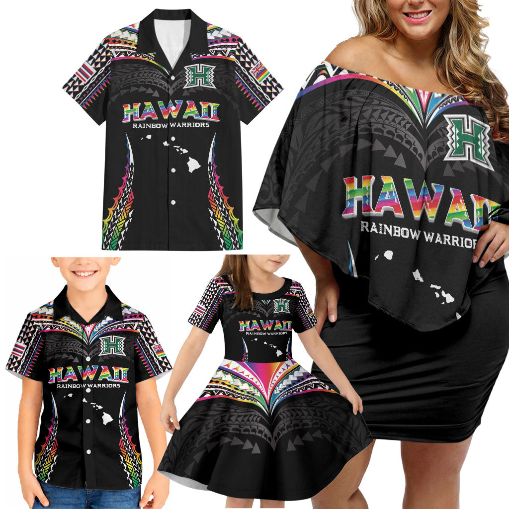 Custom Hawaii Rainbow Warriors Family Matching Off Shoulder Short Dress and Hawaiian Shirt Polynesian Motif Special Edition Rainbow Gradient