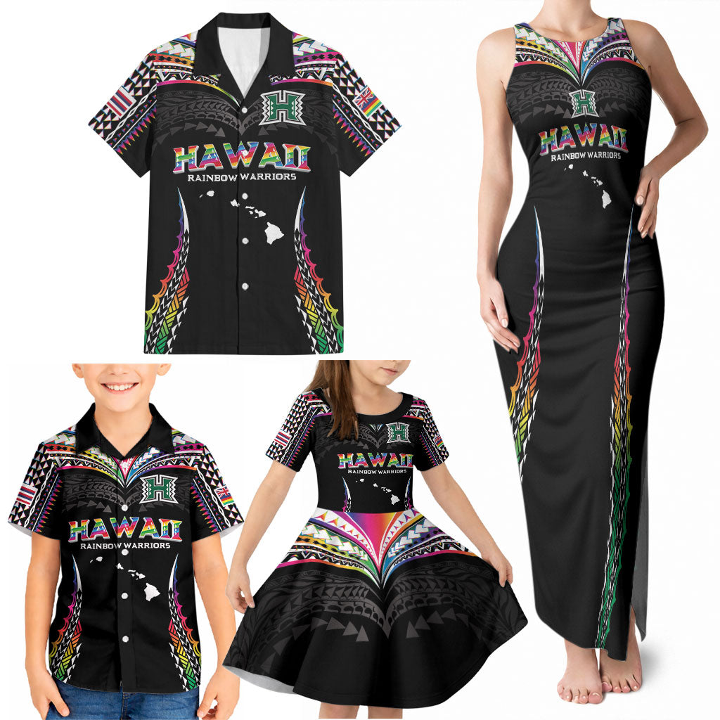 Custom Hawaii Rainbow Warriors Family Matching Tank Maxi Dress and Hawaiian Shirt Polynesian Motif Special Edition Rainbow Gradient