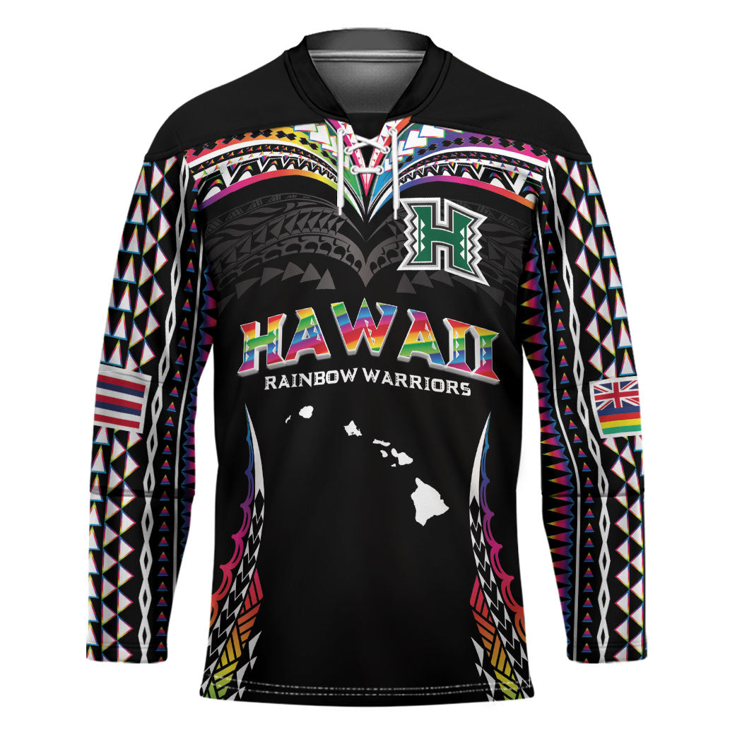 Custom Hawaii Rainbow Warriors Hockey Jersey Polynesian Motif Special Edition Rainbow Gradient