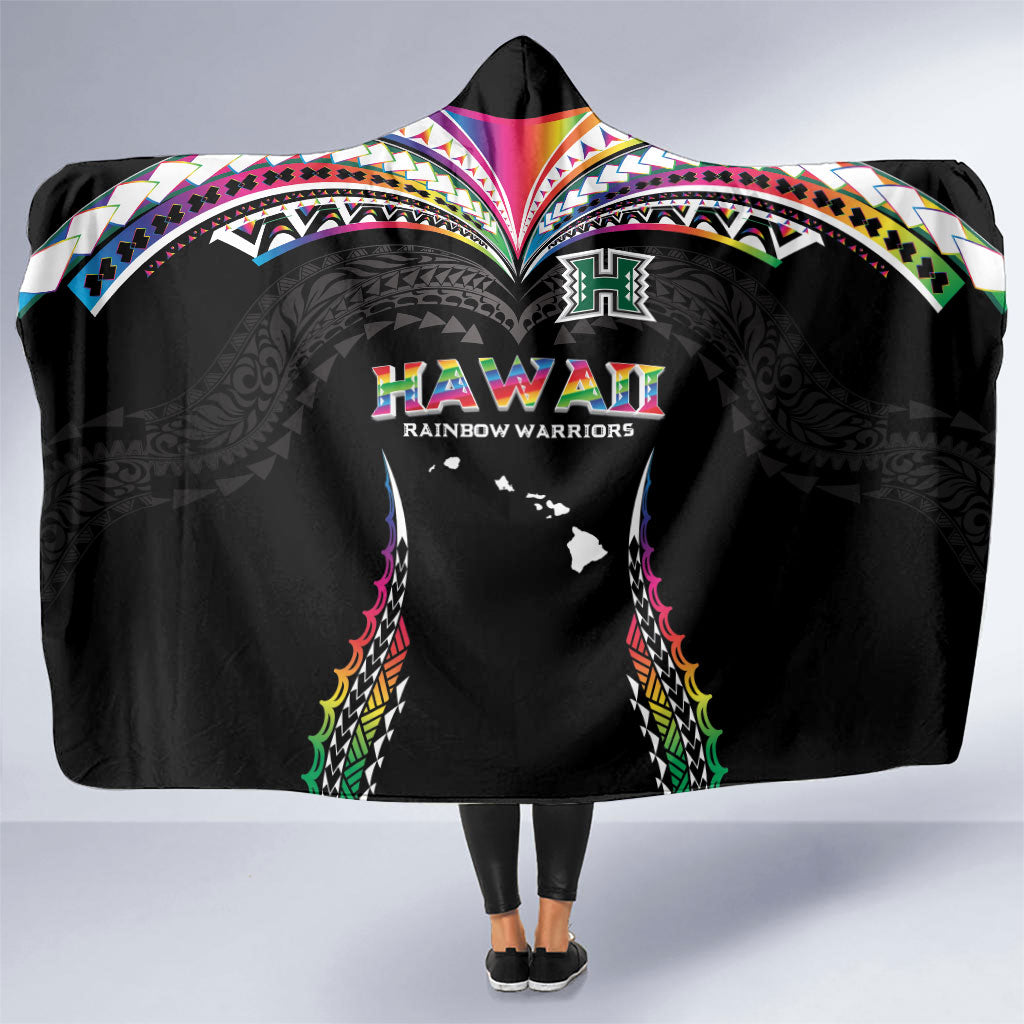 Hawaii Rainbow Warriors Hooded Blanket Polynesian Motif Special Edition Rainbow Gradient LT03 One Size Black - Polynesian Pride