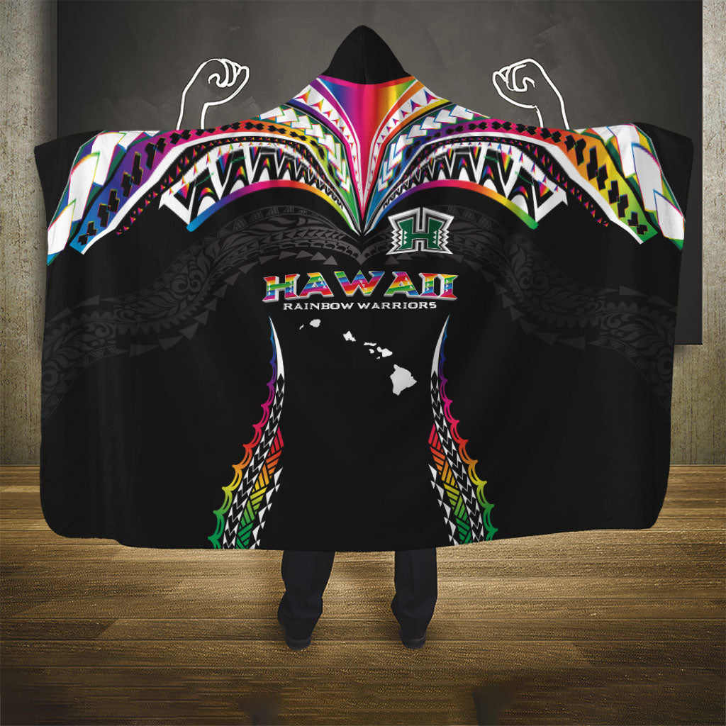 Hawaii Rainbow Warriors Hooded Blanket Polynesian Motif Special Edition Rainbow Gradient