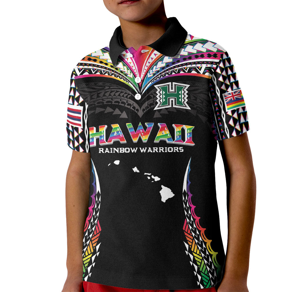 Custom Hawaii Rainbow Warriors Kid Polo Shirt Polynesian Motif Special Edition Rainbow Gradient