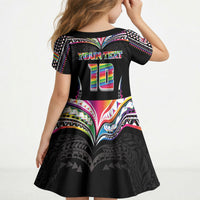 Custom Hawaii Rainbow Warriors Kid Short Sleeve Dress Polynesian Motif Special Edition Rainbow Gradient