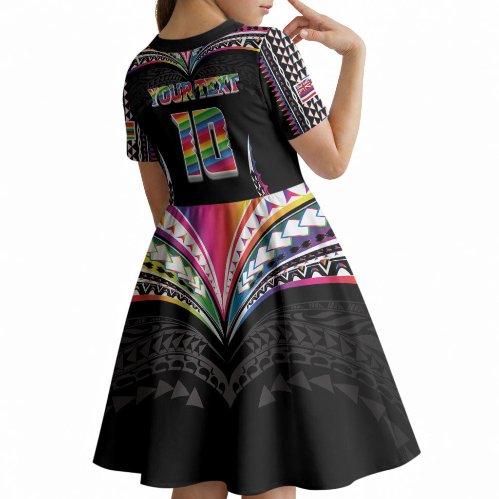 Custom Hawaii Rainbow Warriors Kid Short Sleeve Dress Polynesian Motif Special Edition Rainbow Gradient