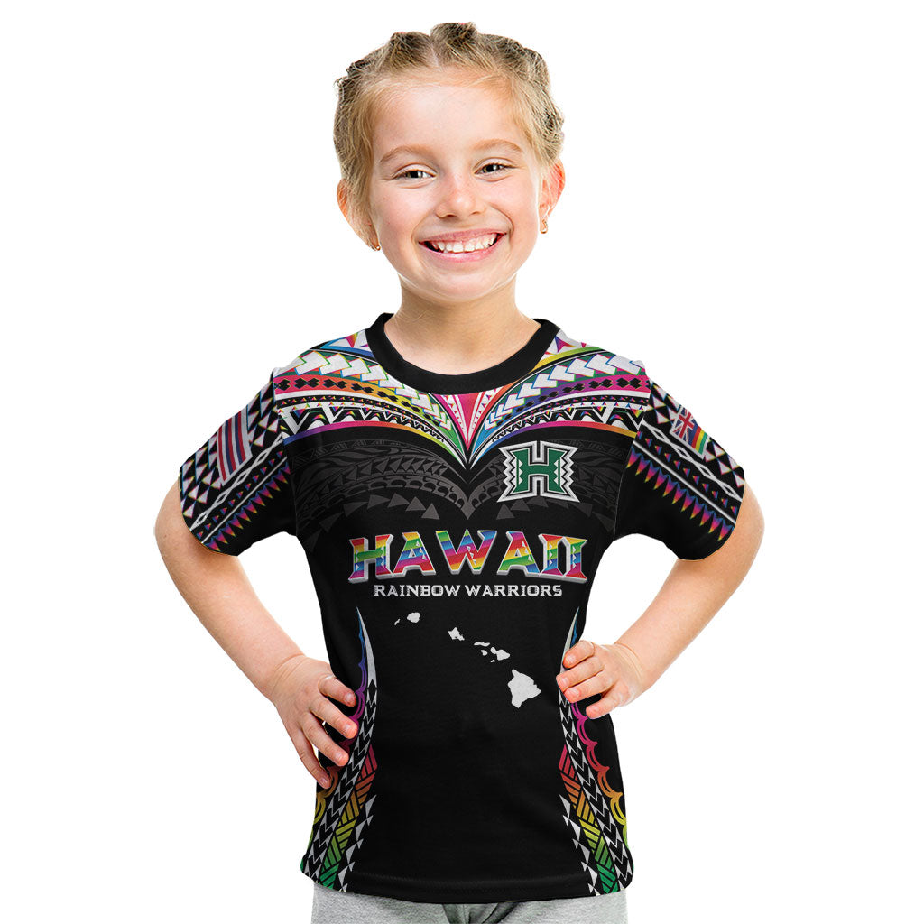Custom Hawaii Rainbow Warriors Kid T Shirt Polynesian Motif Special Edition Rainbow Gradient