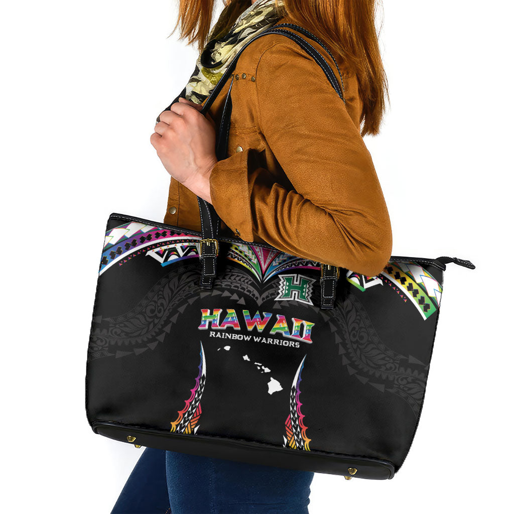 Hawaii Rainbow Warriors Leather Tote Bag Polynesian Motif Special Edition Rainbow Gradient