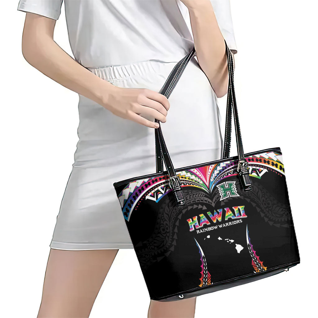 Hawaii Rainbow Warriors Leather Tote Bag Polynesian Motif Special Edition Rainbow Gradient