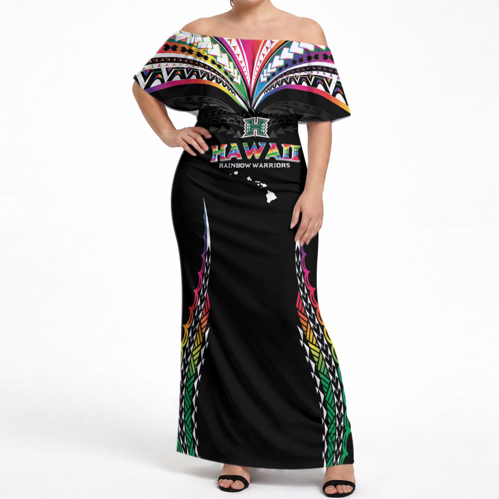 Custom Hawaii Rainbow Warriors Off Shoulder Maxi Dress Polynesian Motif Special Edition Rainbow Gradient