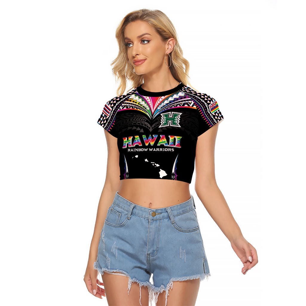 Custom Hawaii Rainbow Warriors Raglan Cropped T Shirt Polynesian Motif Special Edition Rainbow Gradient