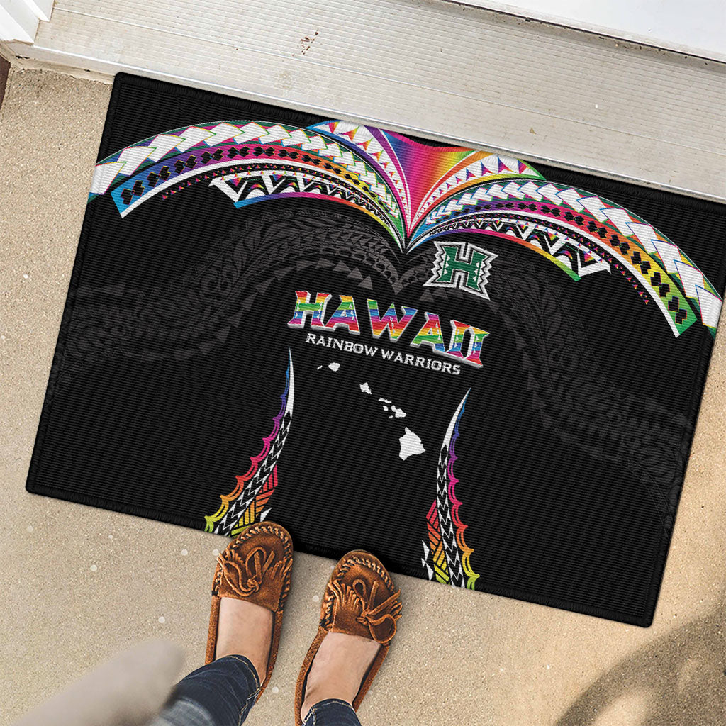 Hawaii Rainbow Warriors Rubber Doormat Polynesian Motif Special Edition Rainbow Gradient