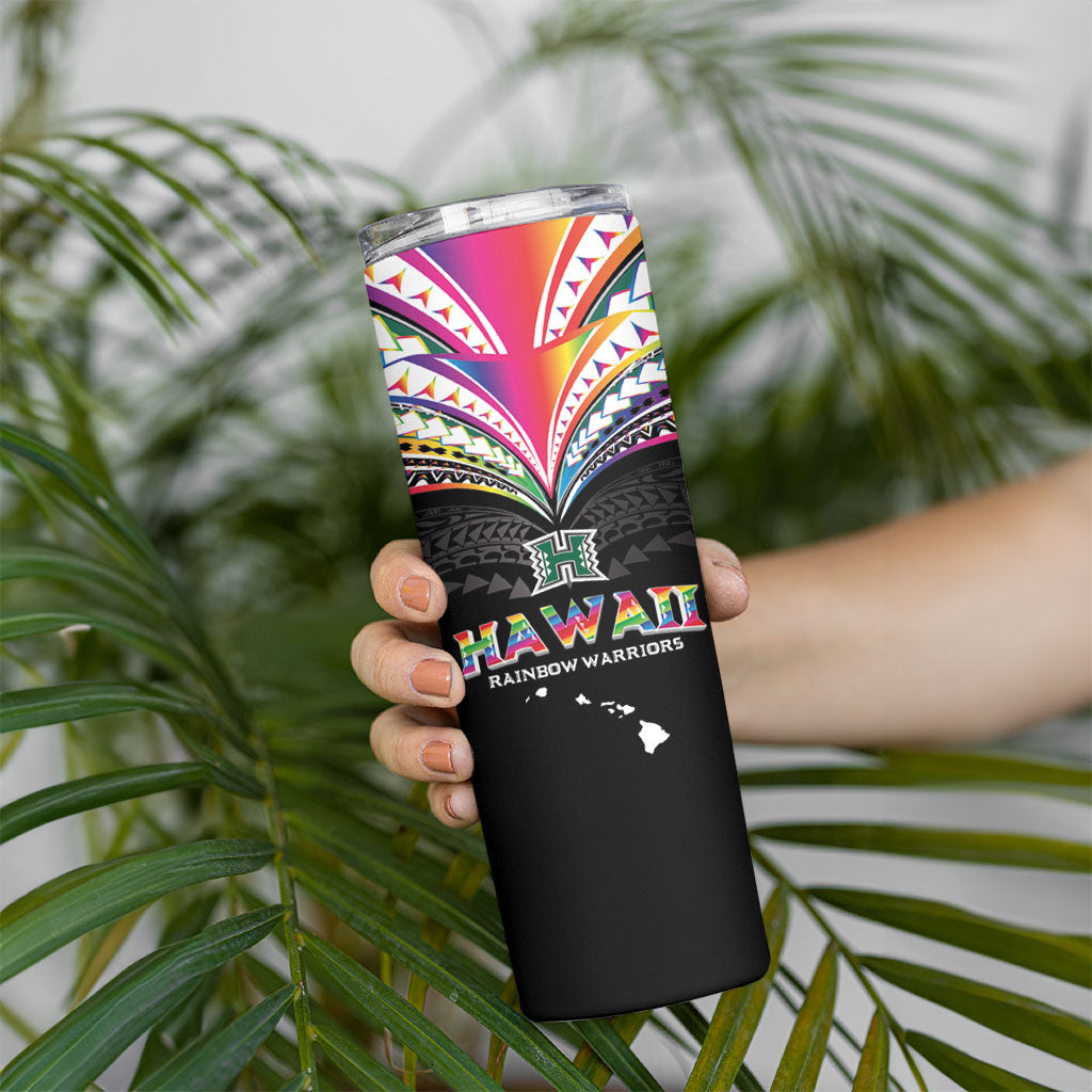 Custom Hawaii Rainbow Warriors Skinny Tumbler Polynesian Motif Special Edition Rainbow Gradient
