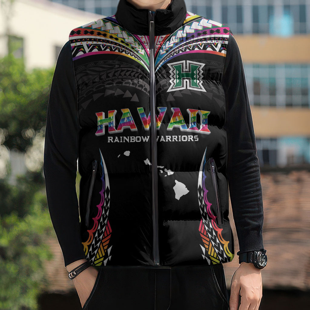 Custom Hawaii Rainbow Warriors Sleeveless Puffer Jacket Polynesian Motif Special Edition Rainbow Gradient