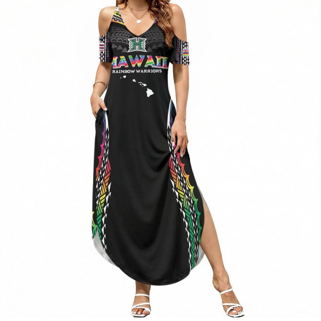 Custom Hawaii Rainbow Warriors Summer Maxi Dress Polynesian Motif Special Edition Rainbow Gradient