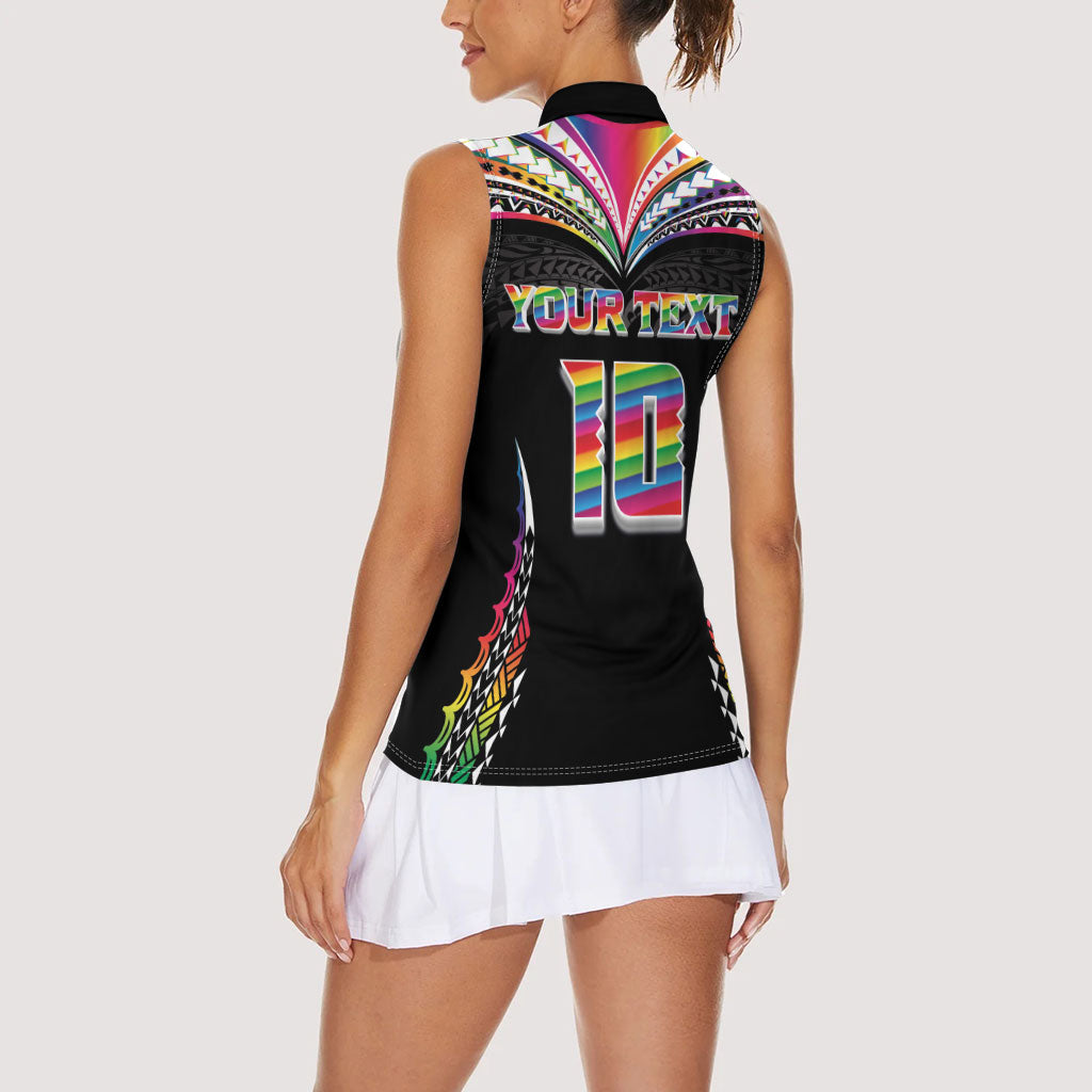 Custom Hawaii Rainbow Warriors Women Sleeveless Polo Shirt Polynesian Motif Special Edition Rainbow Gradient