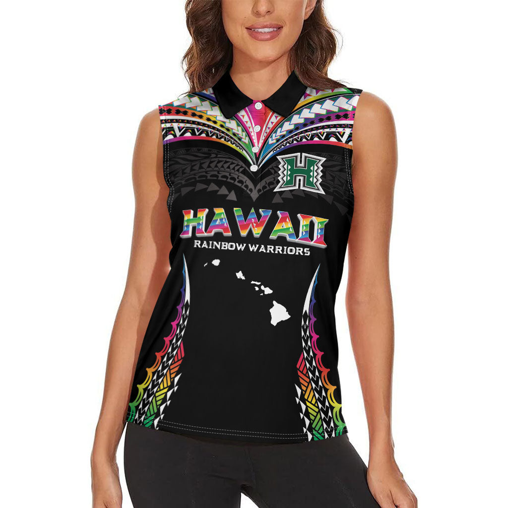 Custom Hawaii Rainbow Warriors Women Sleeveless Polo Shirt Polynesian Motif Special Edition Rainbow Gradient