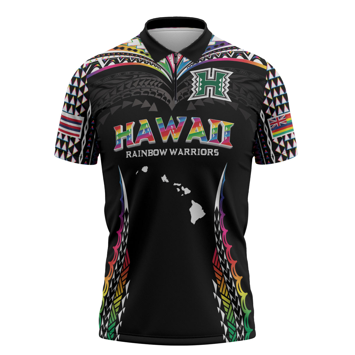 Custom Hawaii Rainbow Warriors Zipper Polo Shirt Polynesian Motif Special Edition Rainbow Gradient